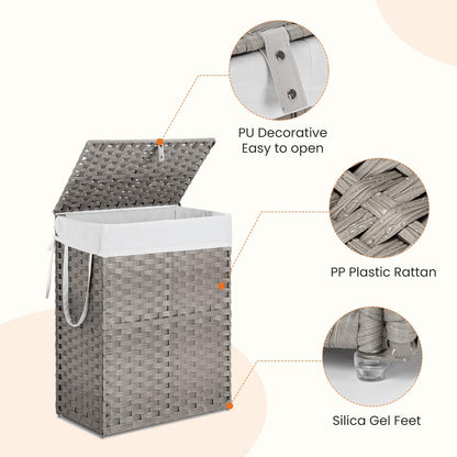 Elevon 90L Laundry Basket with Lid, Hand-Woven Pp Rattan Laundry Hamper with Compartments & Handles, Foldable, Large Capacity Clothes Basket with Removable Liner for Bathroom, Light Gray