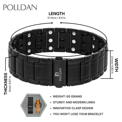 POLLDAN® Mens Magnetic Bracelet with 6200 Gauss Power | 3X Strength Mens Bracelet | Titanium Bracelets for Men with Fold-Over Clasp, Adjustable Length, Gift Box | Mens Wrist Jewelry (Black)