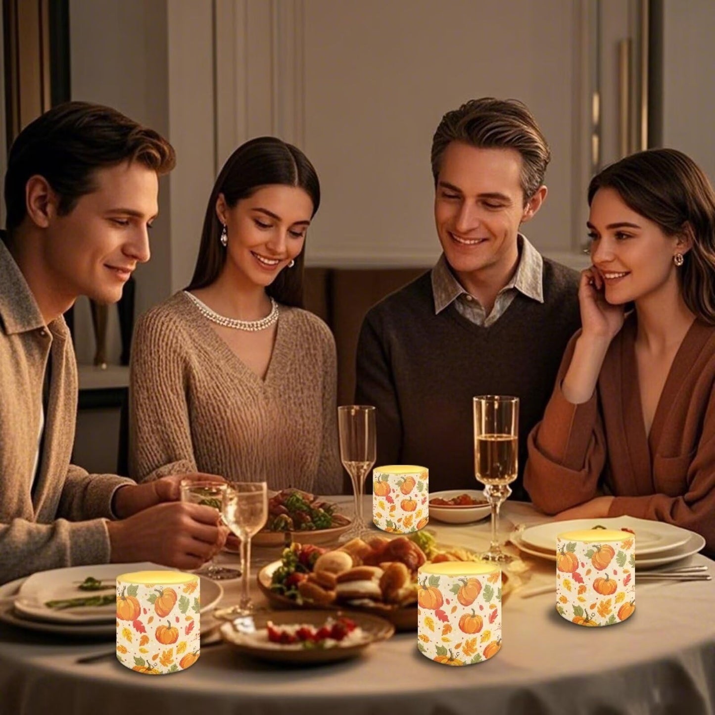 Cozeyat Pumpkin Harvest Dining Room Flameless Candles 4 Pack Battery Operated with Remote Control Timer LED Pillar Candles Waterproof for Indoor Outdoor Use