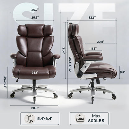 FLEXISPOT 600lbs Big and Tall Office Chair for Heavy People, Heavy Duty Computer Desk Chair with Dynamic Lumbar Support 2D Armrest Blade Wheels, Chairs for Home Office Gaming Working, Leather, Brown