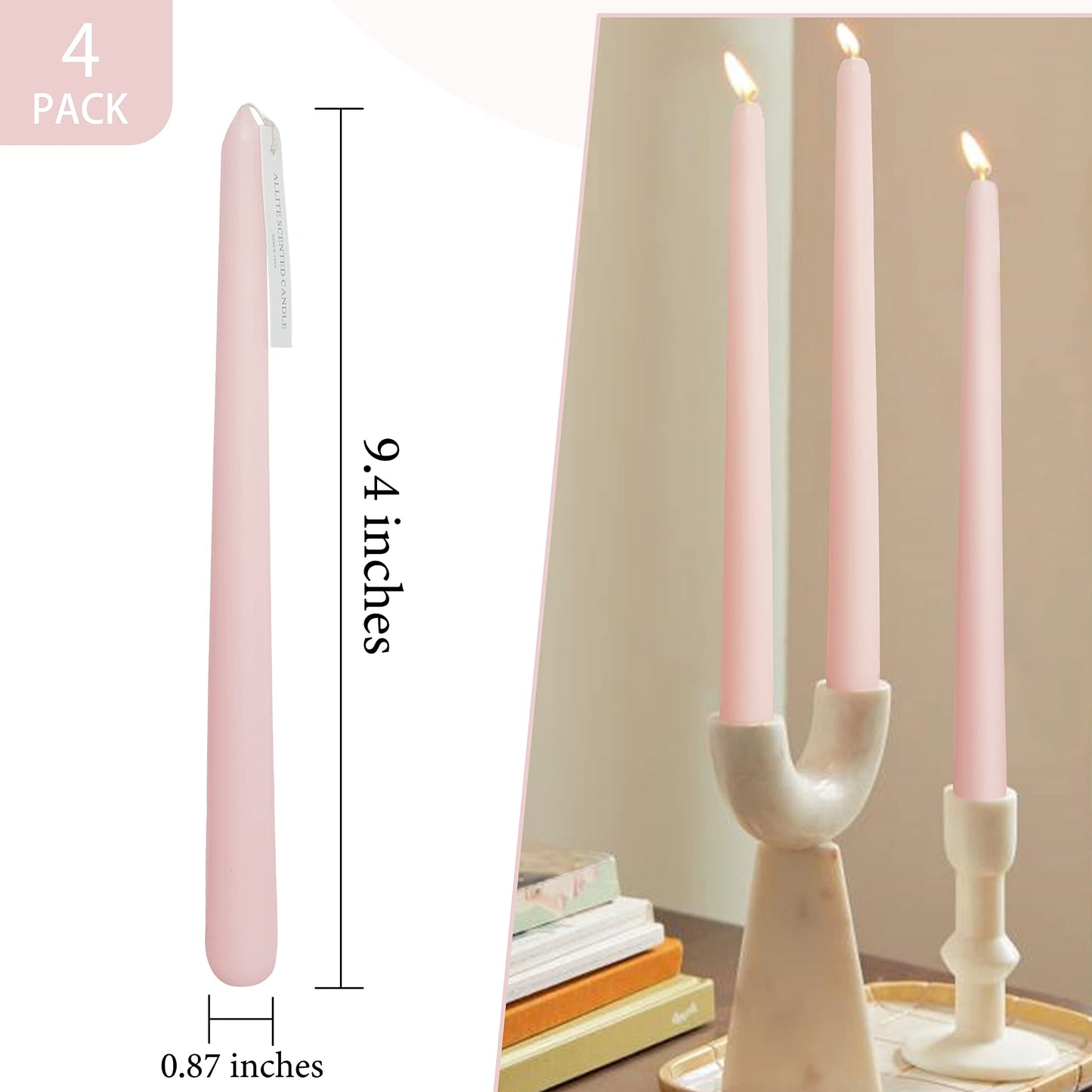 4 PCS Baby Pink Taper Candles - Rose Scented Candles - 10 inch Tall Candles for Holiday Valentine's Wedding Celebration Home Decor