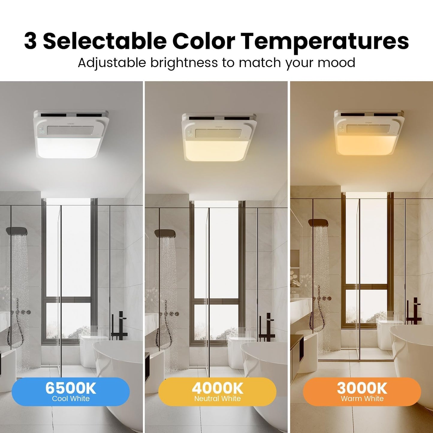 LIVSGREE 5-IN-1 Bathroom Exhaust Fan with Heater 1600W & 3CCT LED Light & Humidity Sensor, & Bluetooth Speaker, 170 CFM, 6-RGB, 1.5 Sone Quiet Ceiling Bath Fan With Remote Control for Bathroom Heating