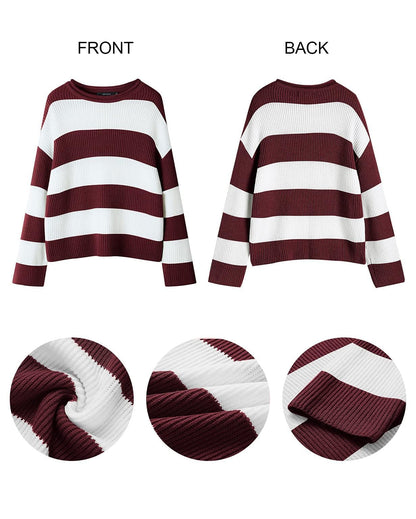ZESICA Women's 2025 Fall Long Sleeve Oversized Striped Color Block Comfy Loose Crew Neck Knitted Pullover Sweater
