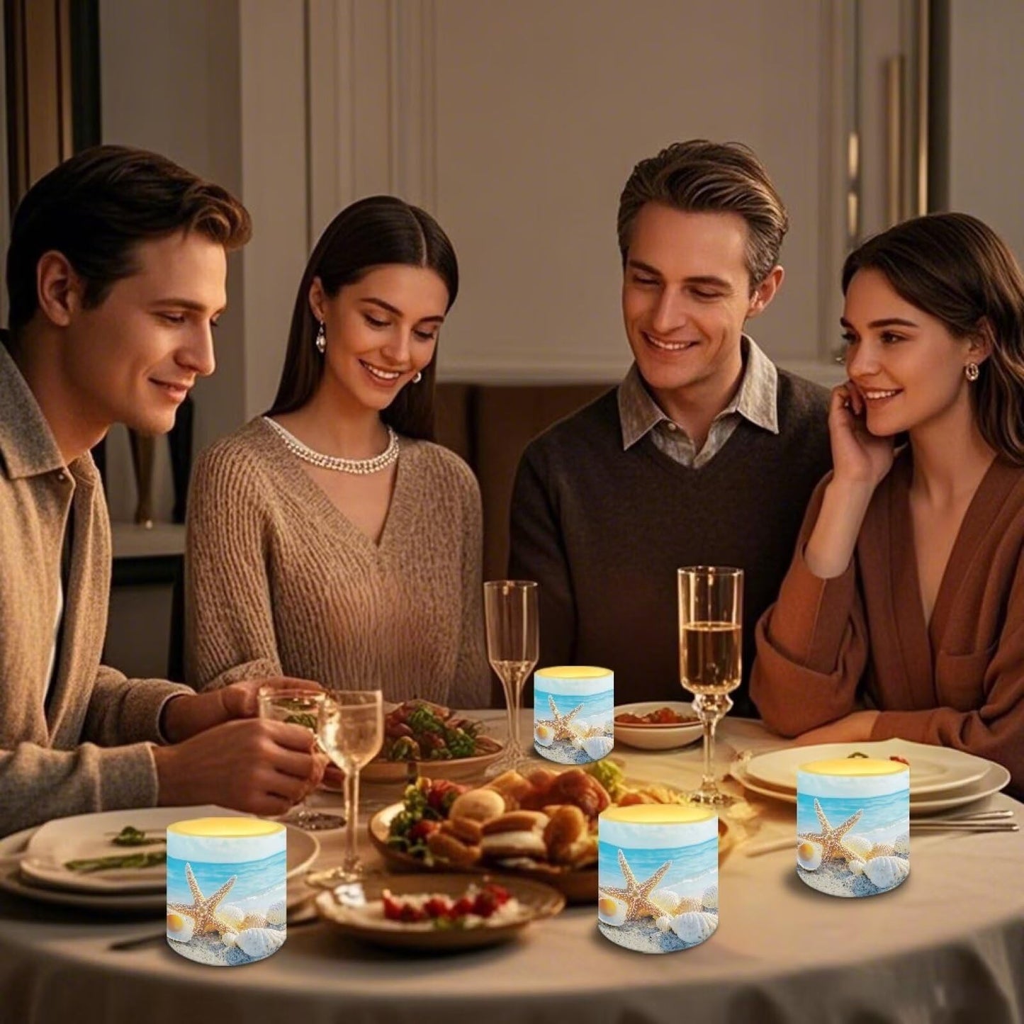Merkmak 4 Pack Flickering Flameless Candles with Remote and Timer Control LED Pillar Tea Lights for Coastal Theme Home Decorations Battery Operated Candles, Shell Starfish