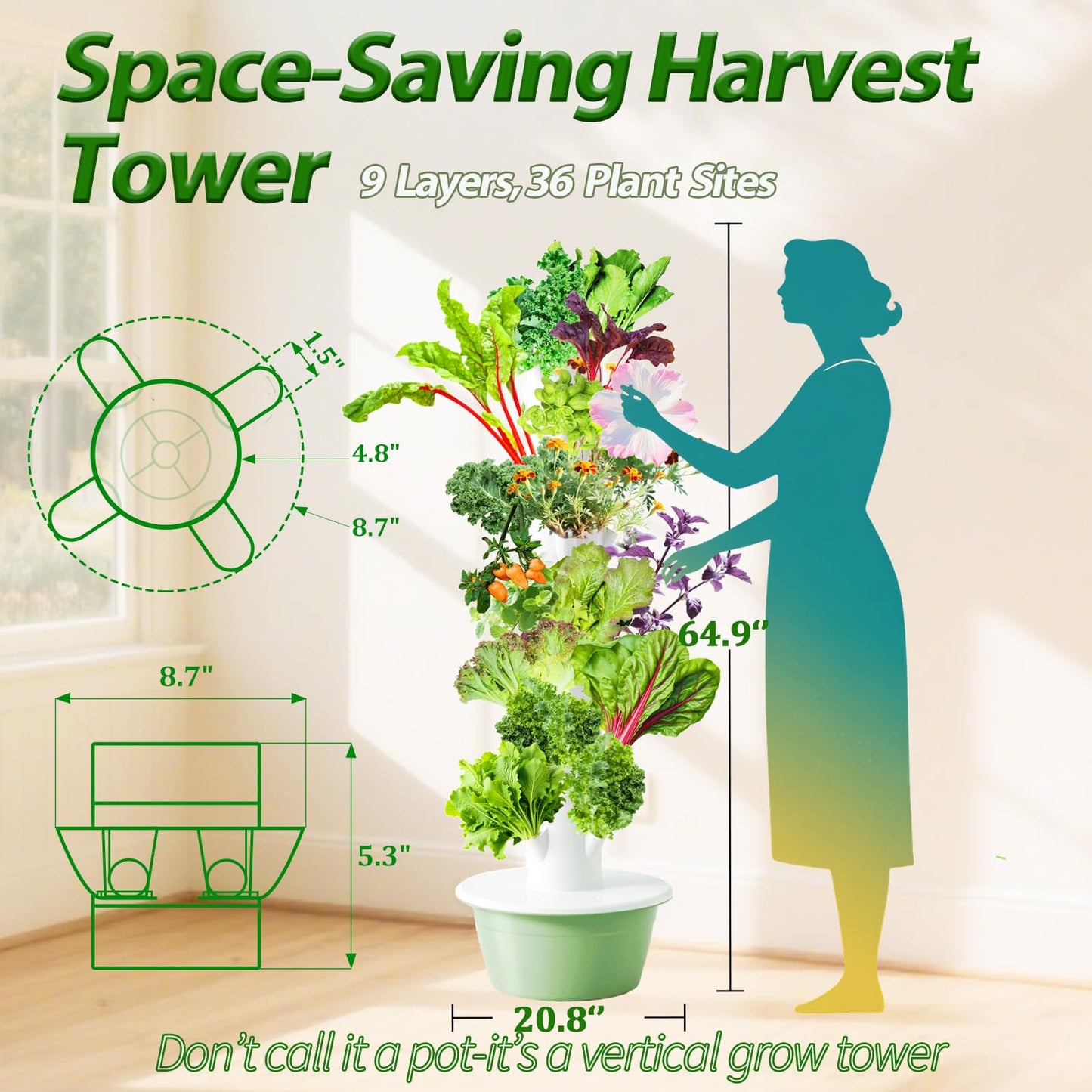 Lifello 5.25ft Tall Hydroponics Growing System Tower, 9 Layers 36 Plant Spots Hydroponics Growing System Kit Tower, Vertical Hydroponic Tower for Indoor & Outdoor, Space-Saving