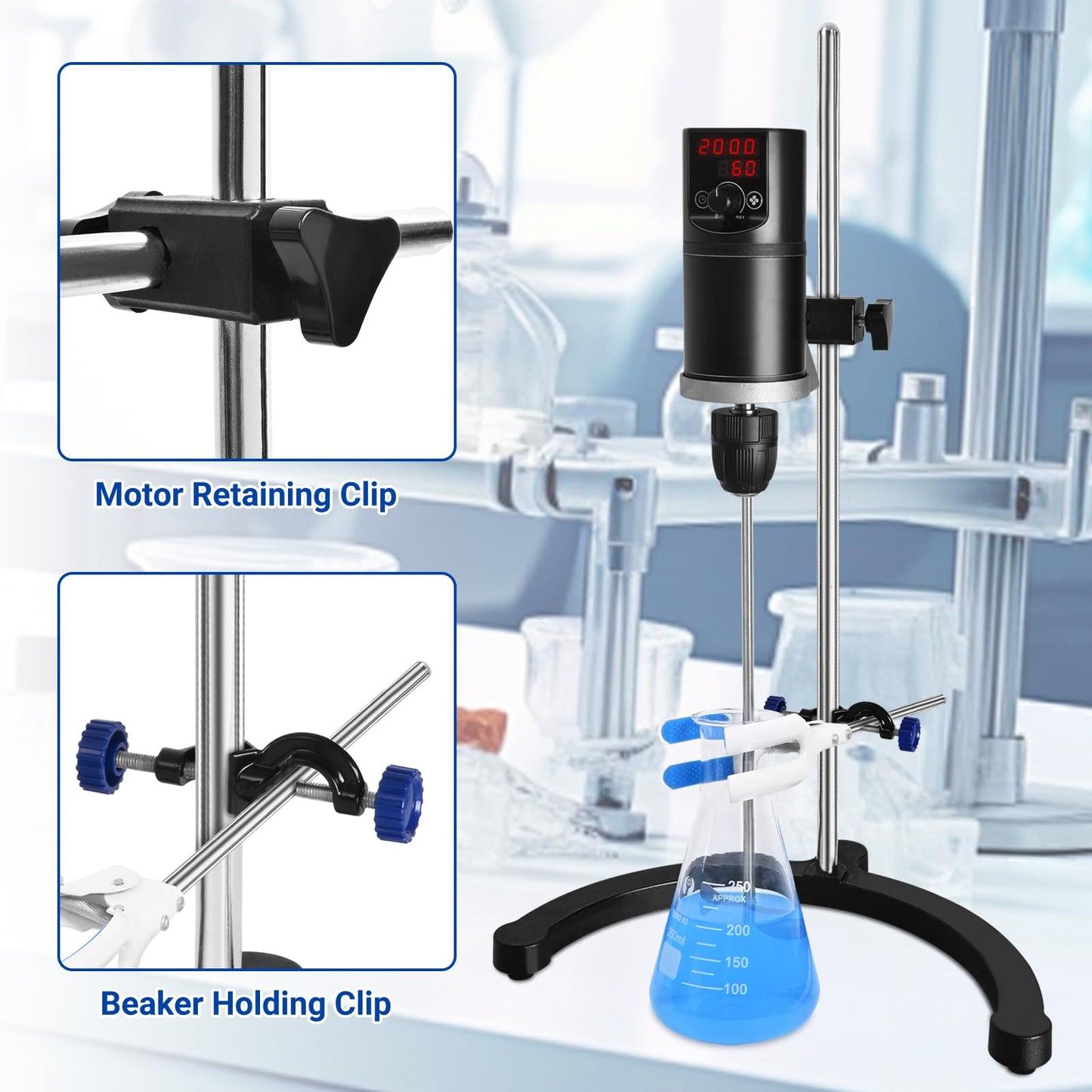 Vevitts Electric Overhead Stirrer LCD Digital Lab Mixer Time and Speed Adjustable Stirring Lab Mixer 100-2000RPM 20L Electric Overhead Mixer