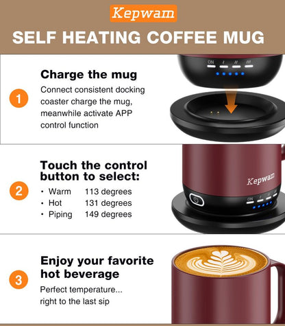 Kepwam Self Heating Coffee Mug T1-16oz Fast Heating & Ultra Long-Lasting Battery Life, Heated Coffee Mug Up to 149℉ - Touch & App Controlled Coffee Mug, Birthday Gifts for Women and Men