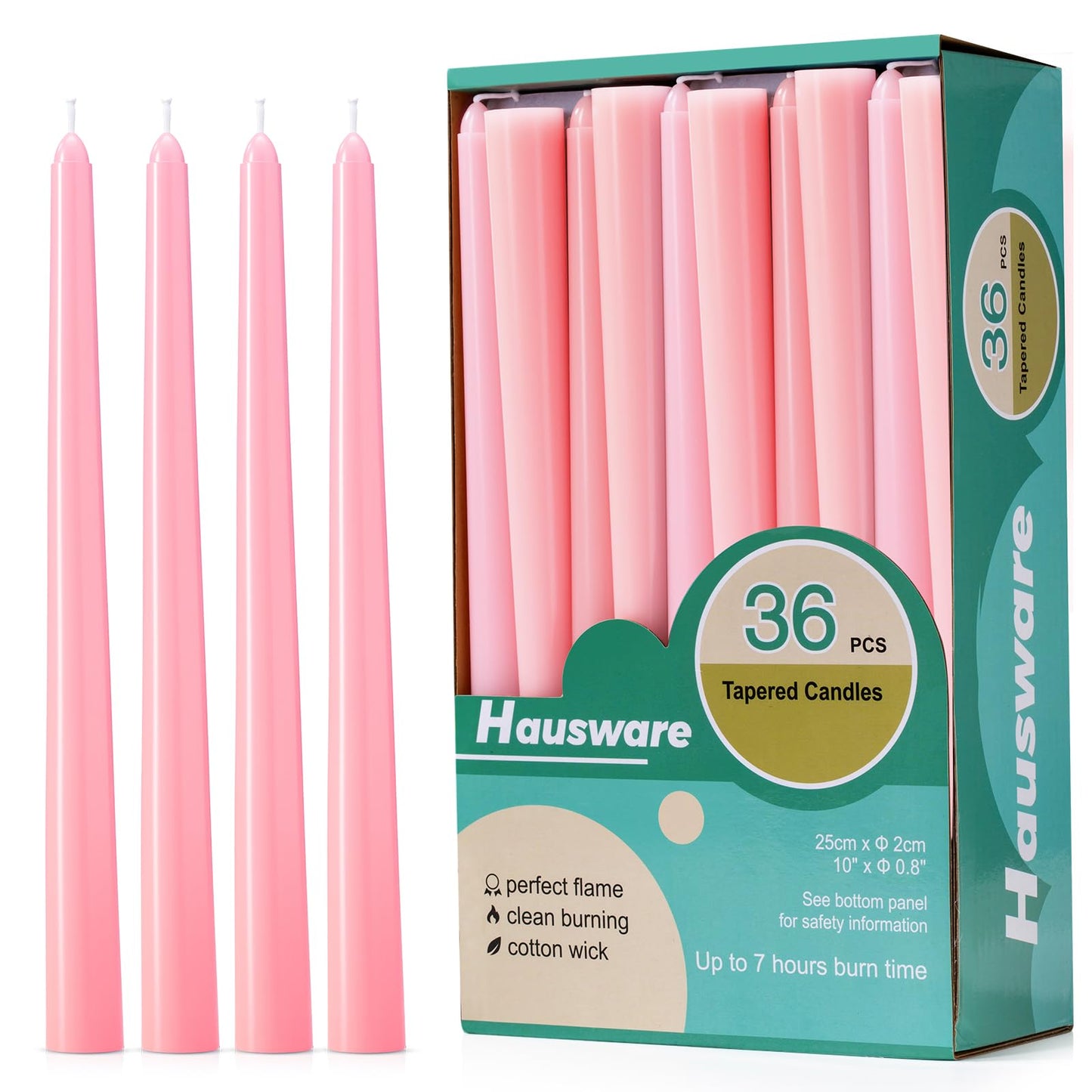 Hausware 36 Pack Taper Candles, 8 Hour Burn Time,Unscented Dripless and Smokeless, 10 inch Elegant Premium Quality Dinner Candle for Home Décor, Restaurant, Wedding, Party Candlesticks (Pink)