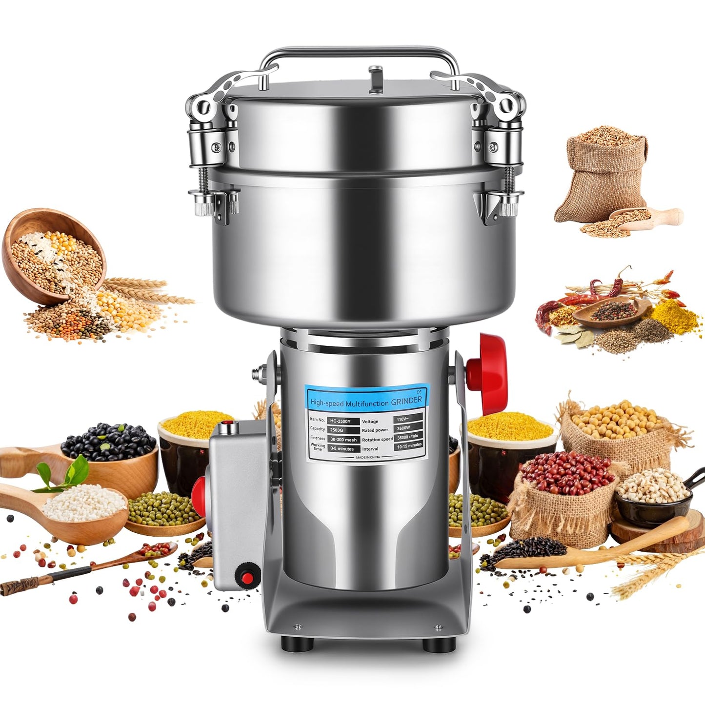 Powerful 3600W Grain Mill Grinder – 2500g Stainless Steel, 36000 RPM Triple-Blade System, 270° Swing for Easy Flour Making, 30-300 Mesh Adjustable, for Home Kitchen & Coffee Shop