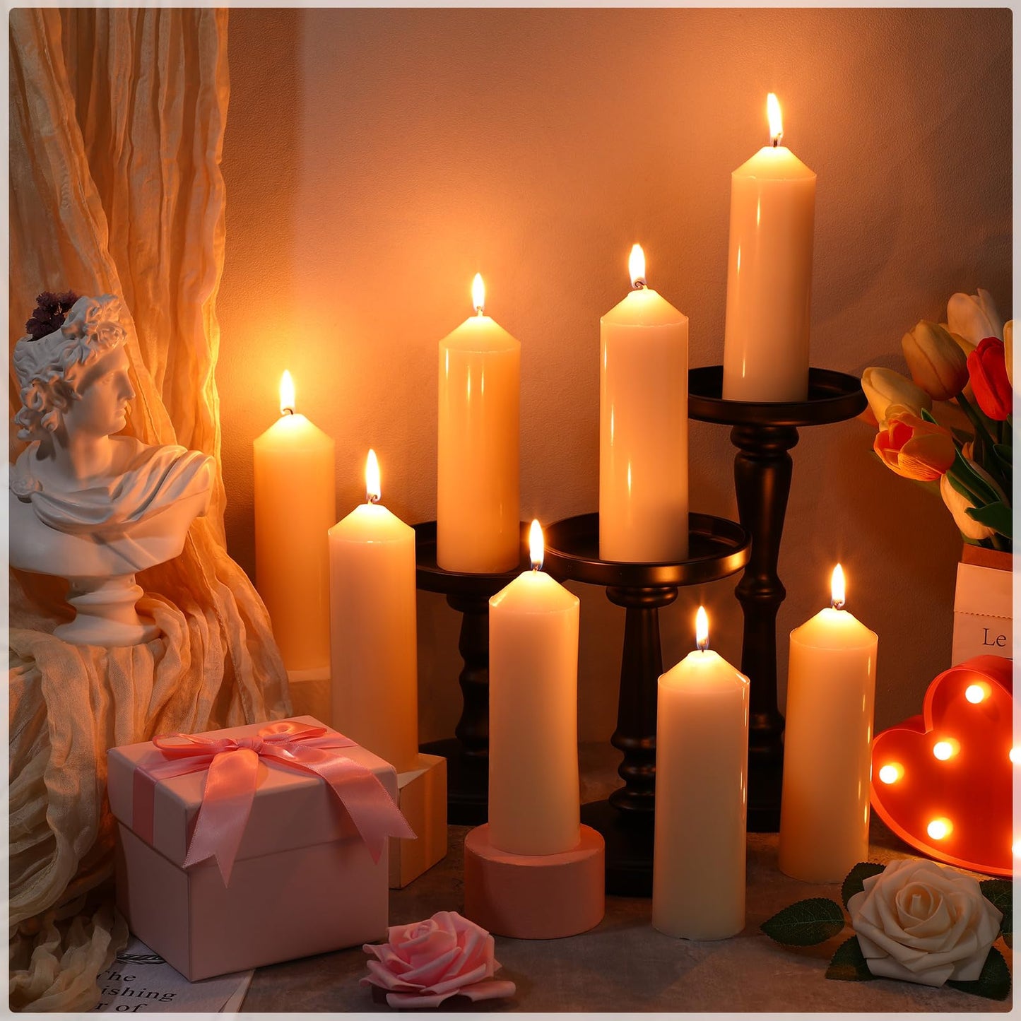 MTLEE 40 Pcs Ivory Pillar Candles Bulk 2 x 6 Inches Dripless Unscented Wax Long Burning Smokeless Clean Burning Decorative Candles for Weddings Parties Dinners Spa Bath Home Decor