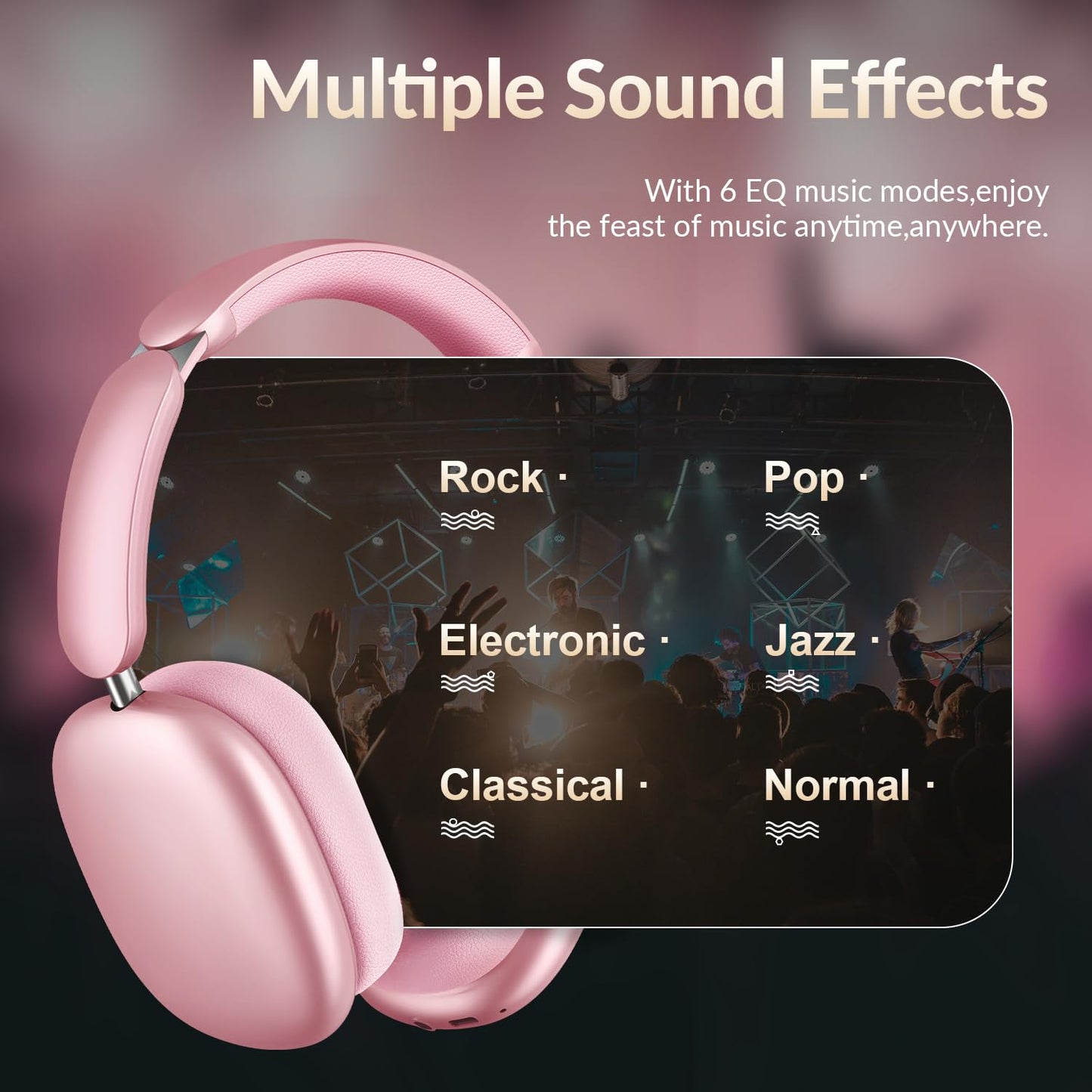 Wentronic Y02 Active Noise Cancelling Headphones,60H Battery,5 EQ Music Modes,Hi-Res Audio,Deep Bass,Foldable Wireless Over Ear Bluetooth 5.4 Headset,Breathable Leather Earpads (Pink)