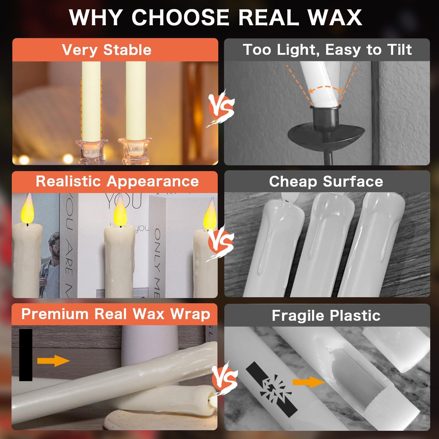 KSWING Upgraded Real Wax LED Flameless Taper Candles with Remote, 6 PCS White Dripping Candlesticks Battery Operated 3D Flickering - 9.6" Long Realistic Fake Candle Sticks for Home/Wedding/Xmas Decor