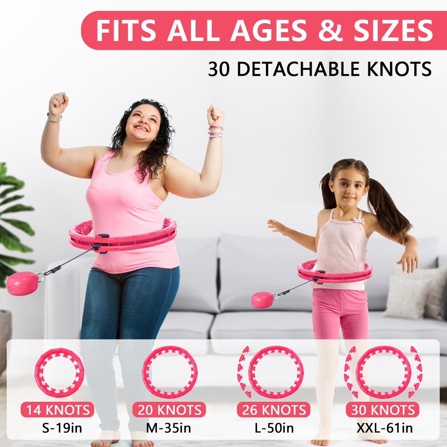 Leann L!fe U1-30 Knots Waist 19"- 61”, Magnetic Lock Smart Weighted Hula Hoop for Adults Weight Loss, Infinity Hoop Plus Size, Children Adult Home Outdoors, Fitness Exercise, Abdominal Toner, Pink