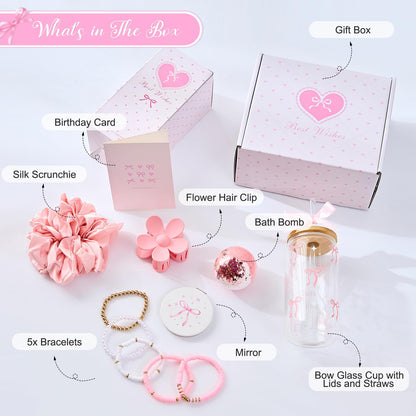 LANGASQUE Birthday Gifts for Women Teen Girls, Happy Birthday Gift Baskets for Women, Coquette Pink Bow Glass Cup Gift Box Set, Chrismas Gifts for Daughter Sister Wife Girlfriend Mom