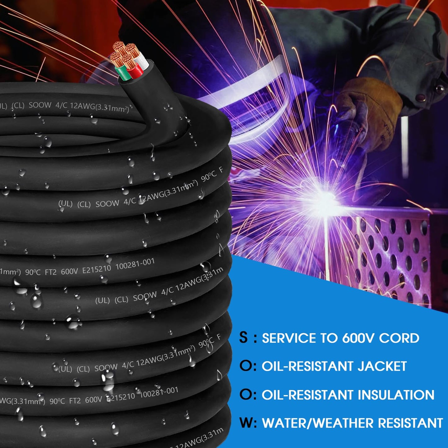 100ft 12/4 12 Gauge SOOW Wire 12 AWG SOOW Portable Power Cable 600V 4 Conductor 12/4 12 Gauge Extension Cord Electric Wire for Motor Lead,Generator,Welder,NEMA 14-20 RV Outlet Box,Car Battery Charger