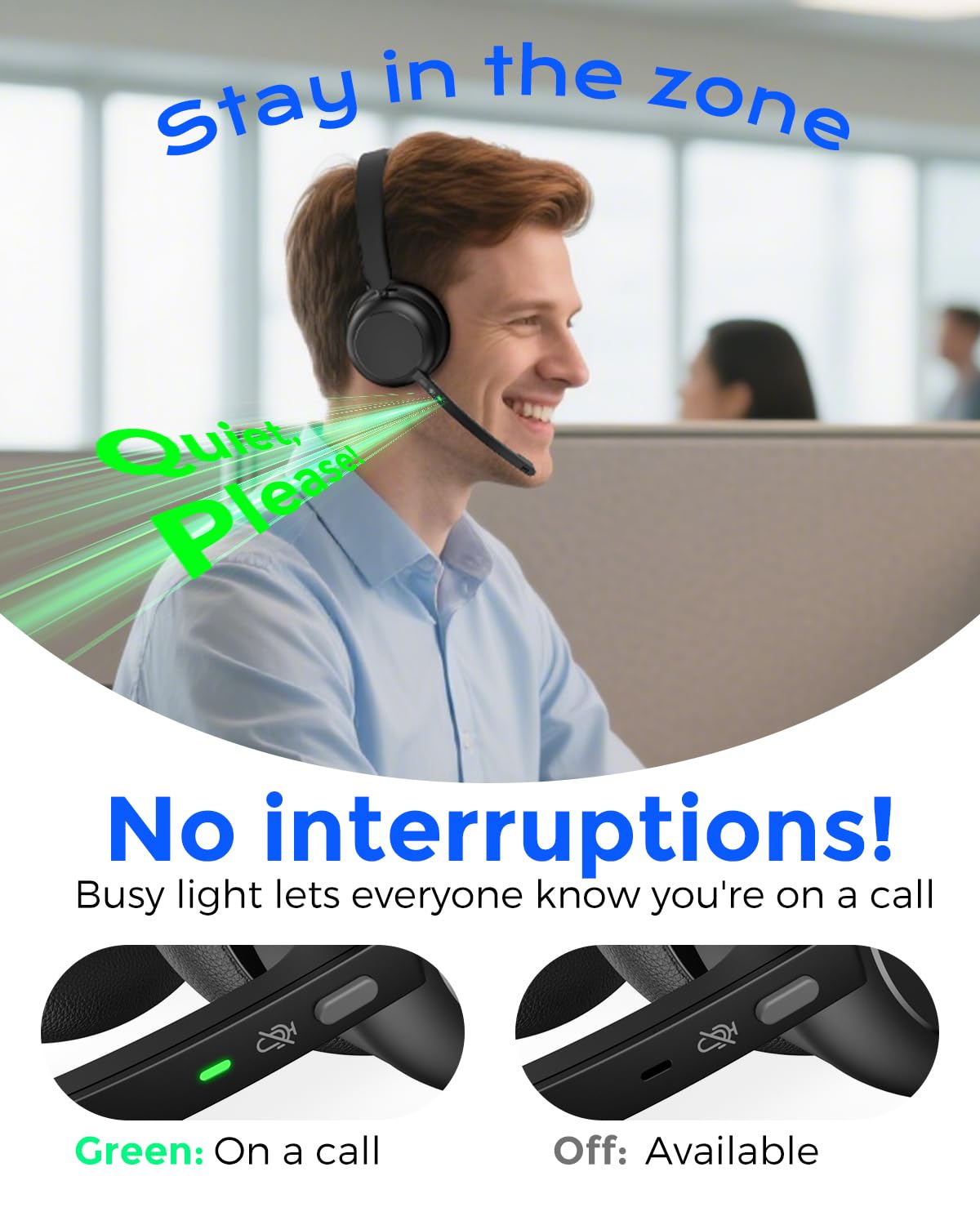 Bluetooth Headset, Wireless Headset with Mic for Work, Qualcomm Chipeset Dongle, V5.4 Headsets with Microphone for Work, Wireless Noise Cancelling Headphones Busy/Mute Light for PC Computer Office WFH