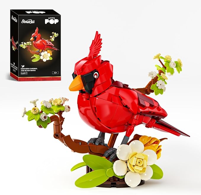 Northern Cardinal Building Set Male Cardinal Bird with Blooming White Dogwood Flowers Creative Set for Adults to Build and Display Red Cardinal Modle Memorial Gifts for Bird Lovers