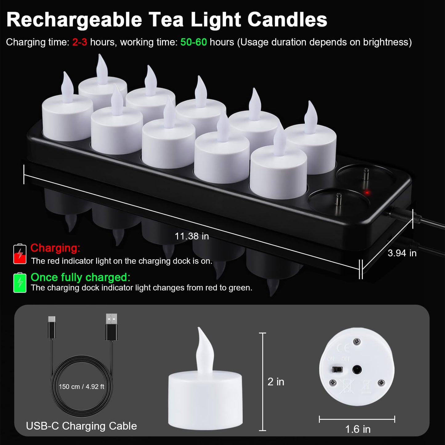 Esup Rechargeable Tea Lights Rechargeable Candles Flameless Flickering Candles Tealights 12pcs/Set with Black Charging Base, Decoration Parties, Weddings, Bar, Family, Dinner Outdoor Picnic ﻿