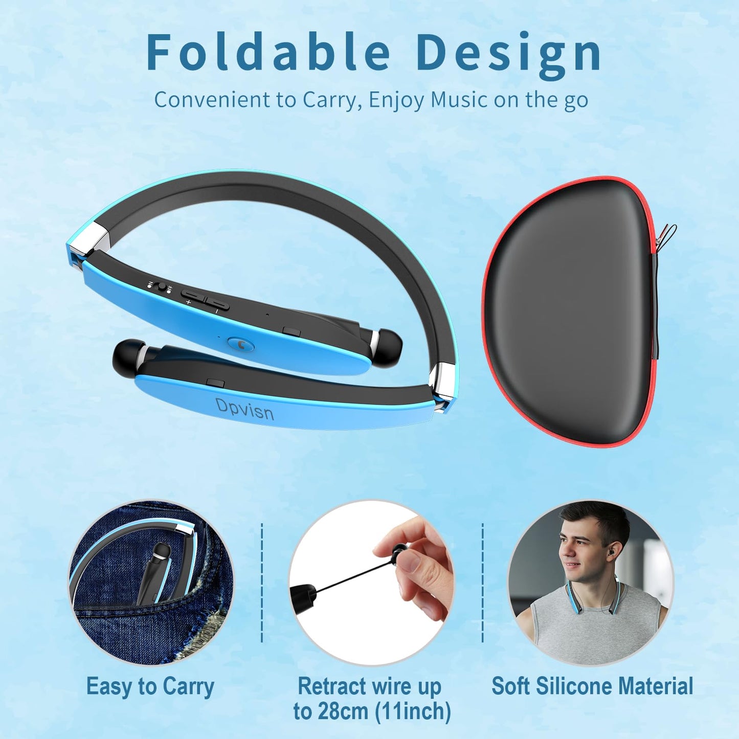 Dpvisn Bluetooth Neckband Headphones, Foldable Wireless Lightweight Neck Headset with Retractable Earbuds, Noise Cancelling Sweatproof Stereo Earphones with Mic & Carrying Case