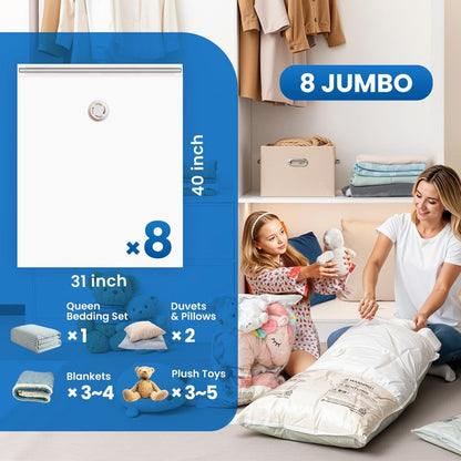 TAILI 8 Pack Vacuum Storage Bags for Comforter and Blankets, Jumbo Vacuum Seal Bags for Bedding 40x31 Inch, Space Saver Bags for Clothes, Pillows, Saving More Closet Space