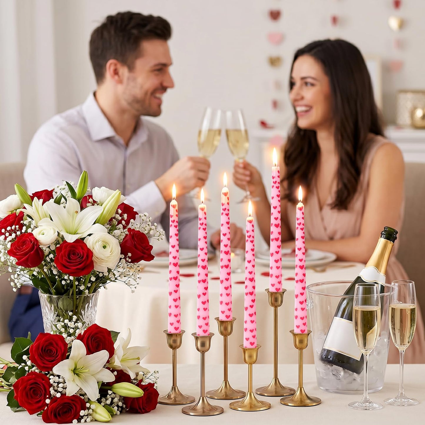 JarThenaAMCS 6Pcs Valentine Taper Candles 10 Inch Pink Red Heart Decorative Candles Long Unscented Candle Sticks for Birthday Wedding Anniversary Party Home Table Decor