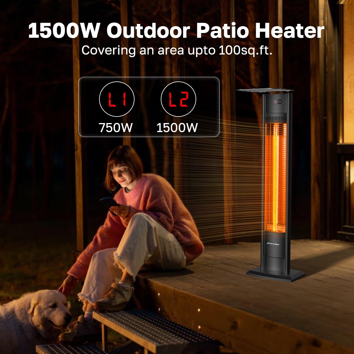 ThermoMate Outdoor Indoor Electric Patio Heater, 1500W 38.5" Portable Tower Infrared Heaer, IP55 Rated Space Radiant Heater with Remote, Timer, Tip-over Protection for Backyard, Restaurant & Garage