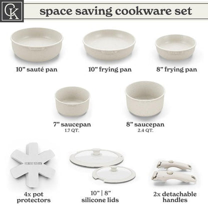 Country Kitchen Cookware Set with Removable Handle, Oven & RV Safe Pots and Pans Set, Cream, Original