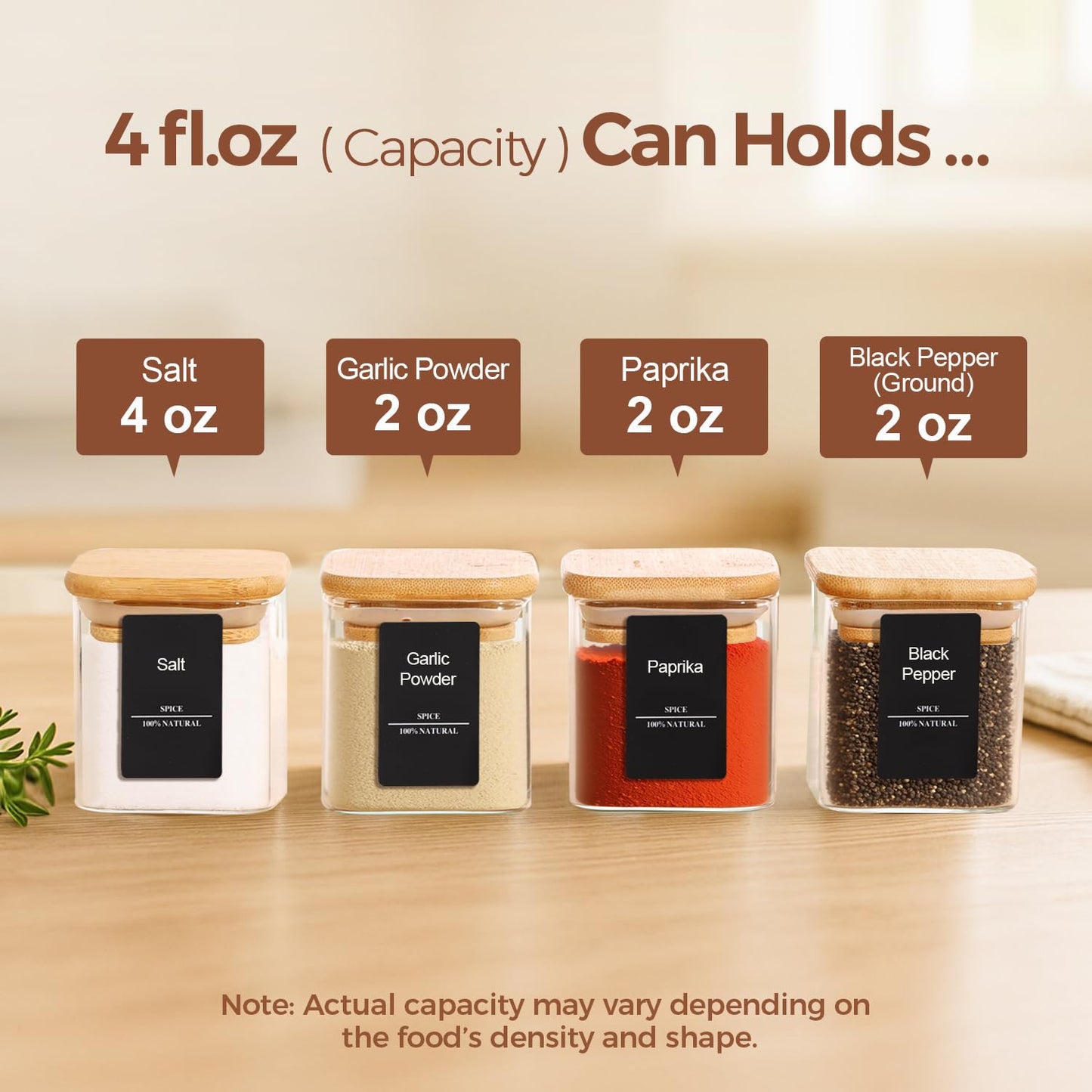 ComSaf 16Pcs Glass Spice Jars with Bamboo Lid, 4oz Airtight Square Spice Containers with 275 Black Lables, Empty Seasoning Jars for Spice Salt Sugar