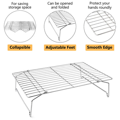 P&P CHEF Cooling Rack Set of 2, 2-Tier Stackable Stainless Steel Wire Racks for Baking Cooking Cooling Roasting, Collapsible & Heavy Duty, Oven Safe & Easy Clean, 15" x 10", Silver