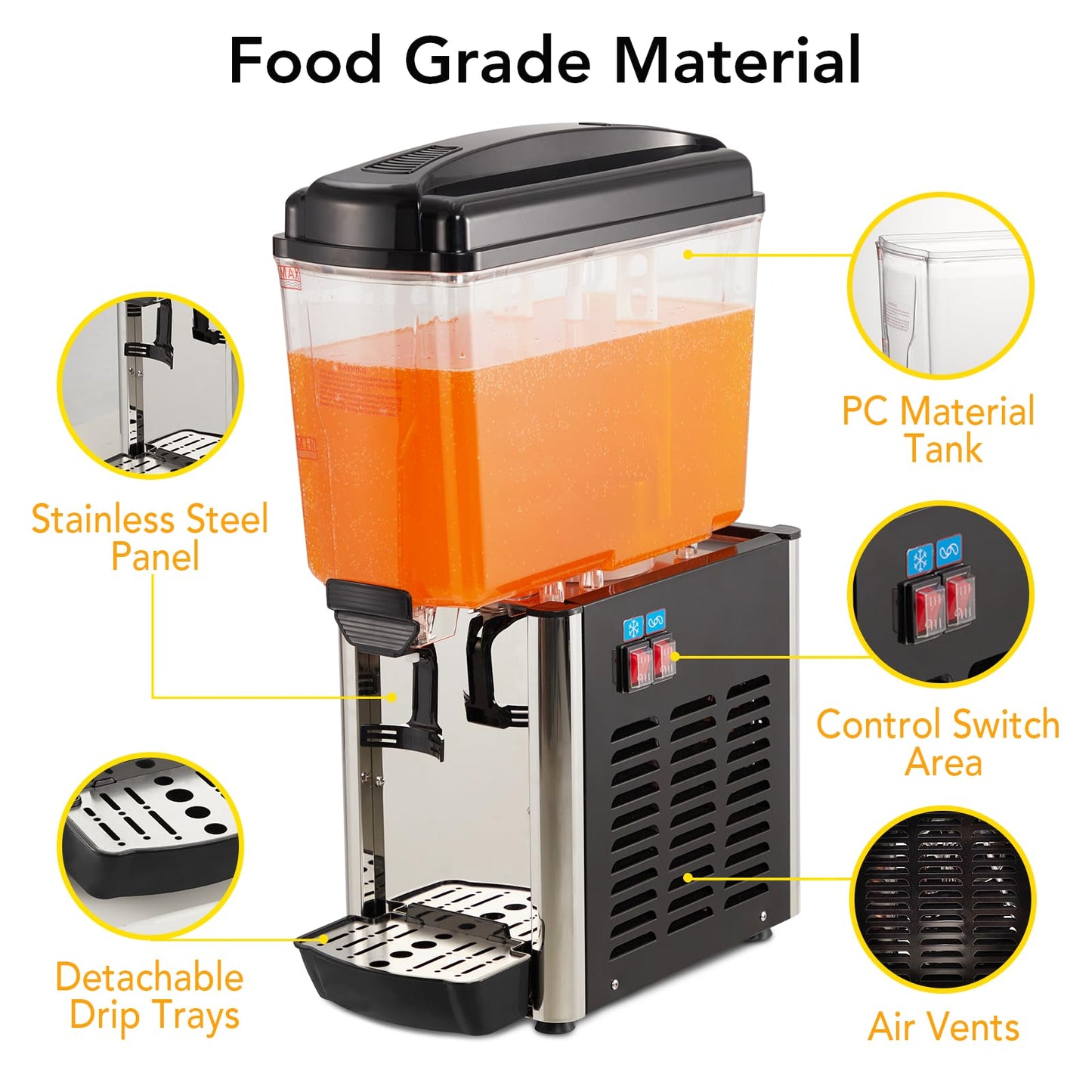 Commercial Beverage Dispenser, 4.8 Gallon 18L Single Tank 150W Commercial Juice Dispense, Food Grade Material Stainless Steel, Drink Dispenser for Parties, Restaurants & Hotels