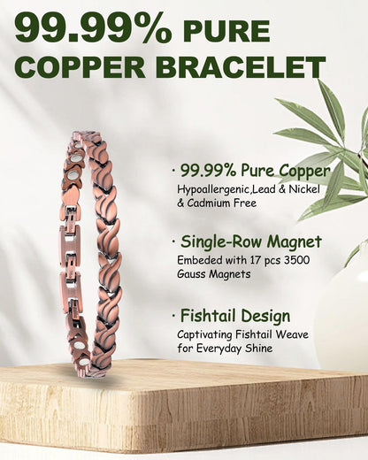 MagEnergy Copper Bracelet for Women, 99.99% Pure Solid Copper Bracelet with 3500 Gauss Magnetic, Adjustable, Jewelry Gift (Copper-Fishtail+Ring)