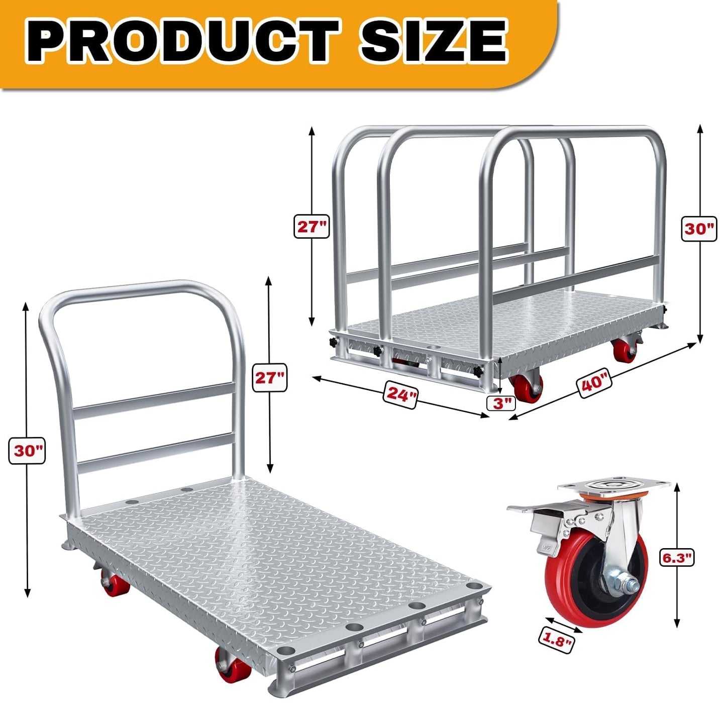 2IN1 Steel Panel Cart Dolly – Large Heavy Duty Drywall Lumber Truck Cart with 2700 LBS Capacity, 40 x 24 Inch 2.2MM Steel Plate, 6.3" Swivel Brake Wheels, 1 Front & 3 Side Handrails