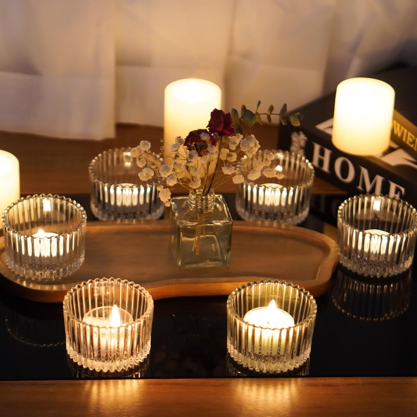 Jollyhilan 6 Pack Glass Candle Holder,Round Glass Candle Tray Ribbed Tealight Holders for Votives, Floating Candles Table Centerpieces Wedding Home Decor,Clear