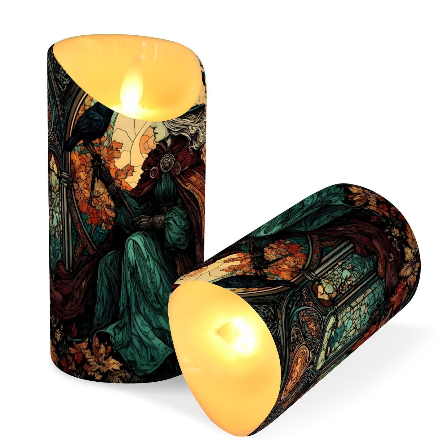 ZRYSMY Witch Crow Stain Glass Flameless LED Candles with Remote and Timer - 5.9”x3”, 2 Pack, Battery-Operated Flickering Pillar Candles for Home Decor