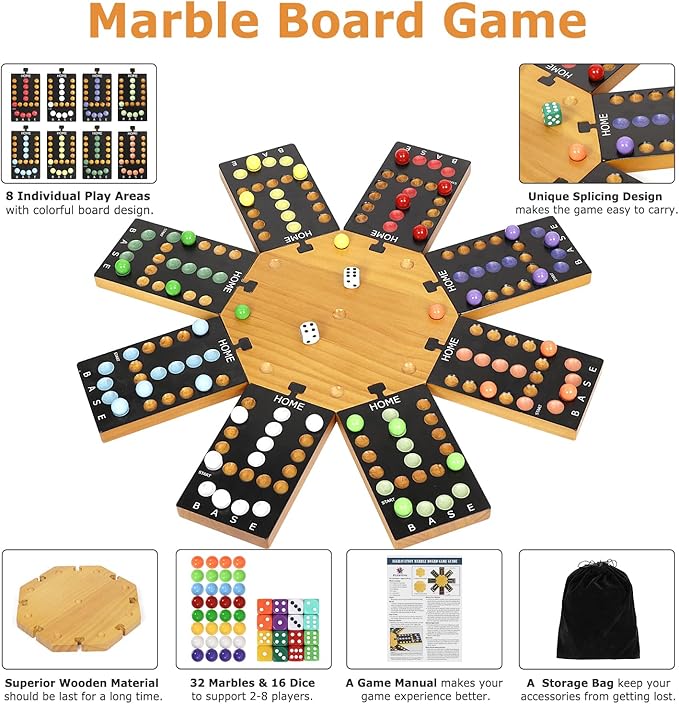 Marble Board GameWooden Board Game for 6-8 PlayersPortable Design Marble Game with 32 Marbles 16 Dice Family Game Night Gift for Kids &amp Adults