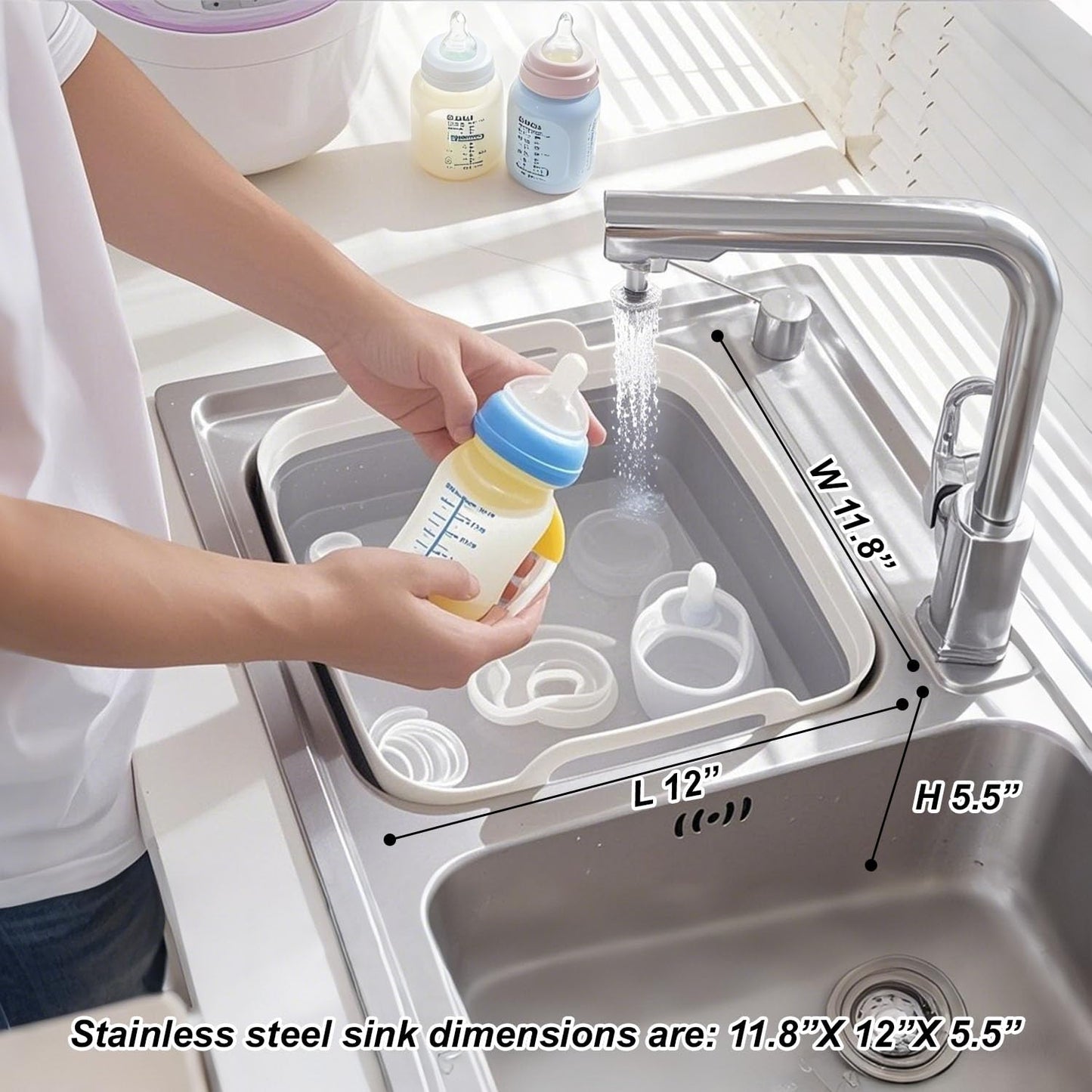 Collapsible Dish Basin & Sink Tub with Drain Plug – 2.4 Gal Baby Bottle Wash Basin, Bottle Washing Bin for RV, Camping, Kitchen | Collapsible Water & Bottle Basin (Grey)