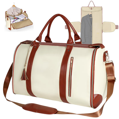 Geestock Garment Bag for Travel, Convertible Carry On Garment Duffle Bags for Women with Shoe Pouch & Detachable Shoulder Strap, Large PU Leather, 2 in 1 Hanging Suitcase Dress Suit Travel Bag, Beige