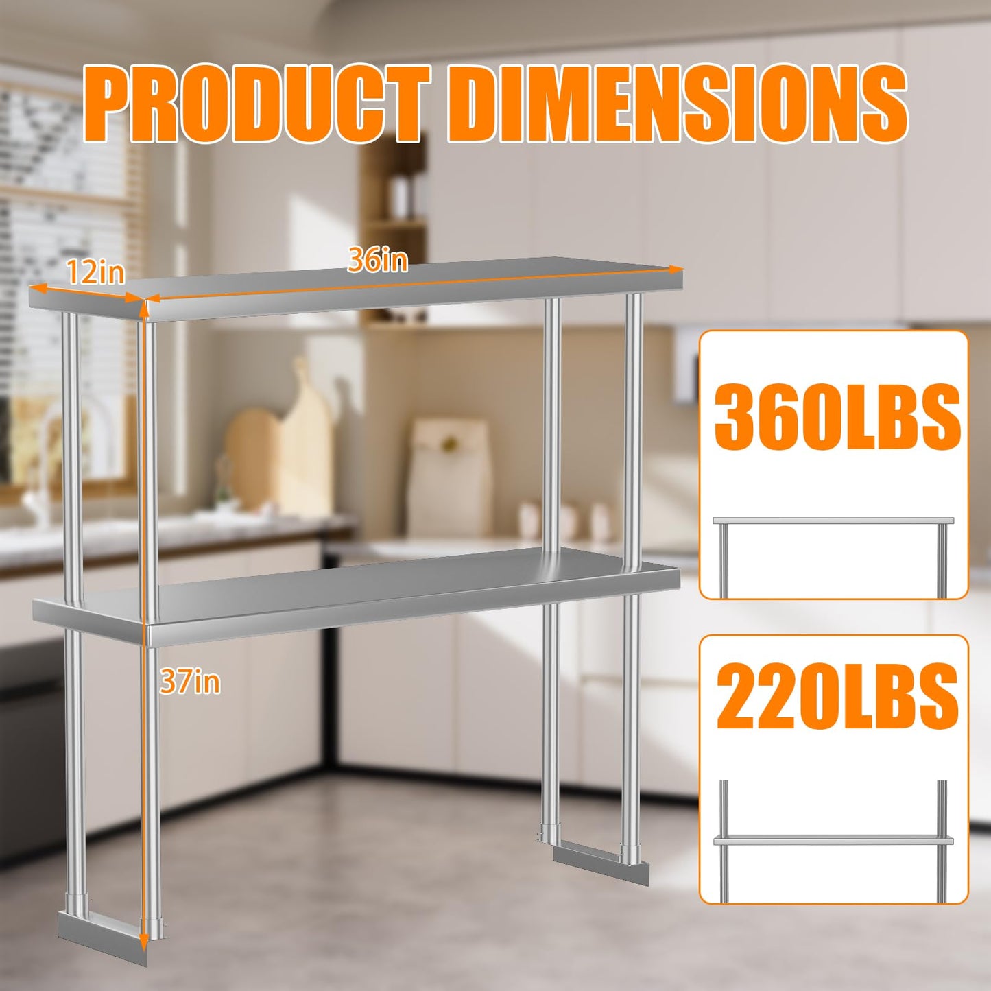 Garvee 12 in x36 in Stainless Steel Overshelf for Prep & Work Table, 360 LB Capacity Commercial 2 Tier Worktable Shelf, Adjustable Double Overshelf for Restaurant, Kitchen, Garage, Workshop