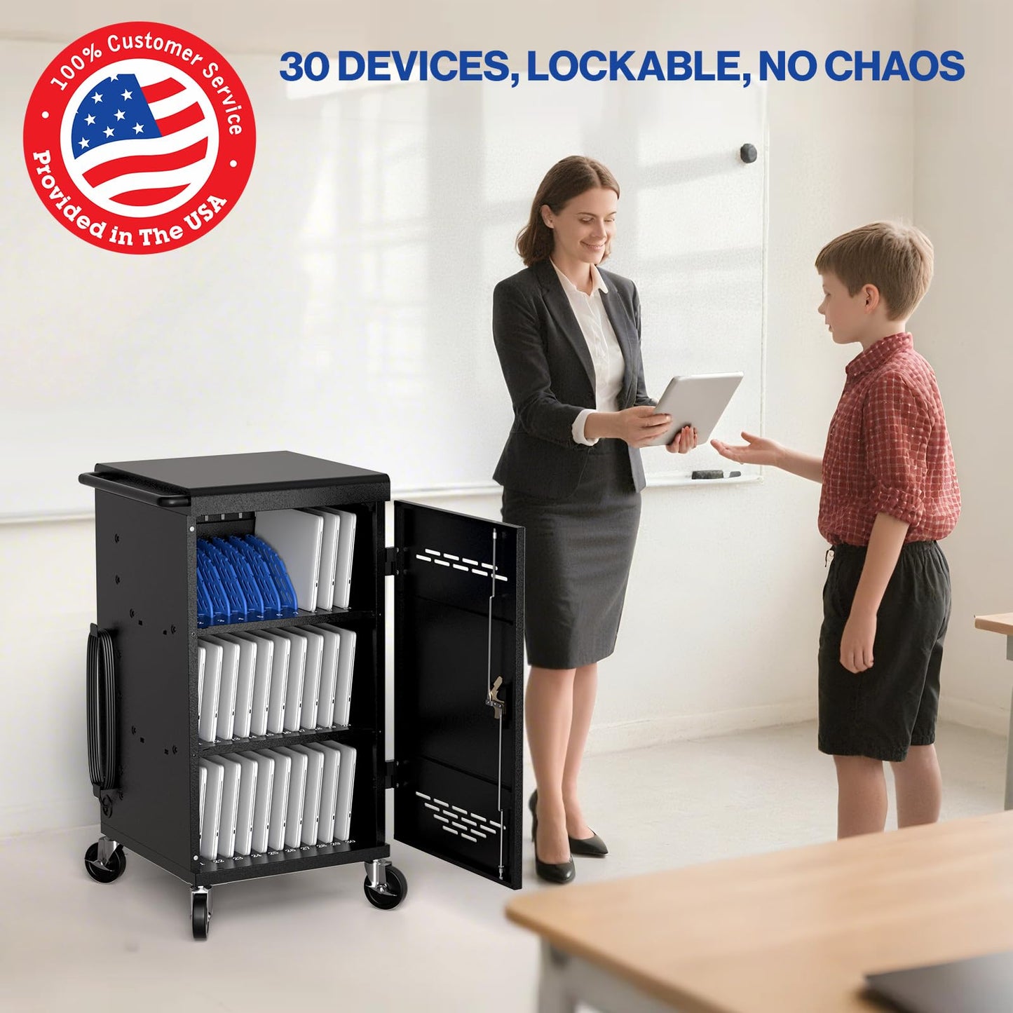 30 Unit Device Charging Station for Chromebook, iPad, 14'' Laptop - Charging Cart with Charger Cable Management, Circuit Breaker, Grounding Protection, Assembly Required