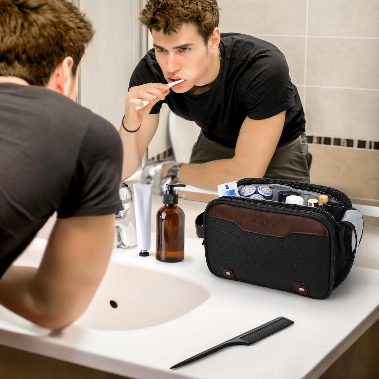 Wedama Toiletry Bag for Men, Medium Hanging Travel Toiletry Bag, Extra Electronic Organizer Bag Waterproof Travel Bag for Toiletries with PU Handle for Travel Business Trips Swim Camping, Black&Brown