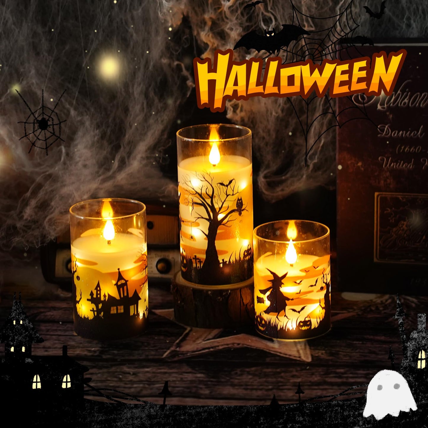 JINYANIA Flameless Candles Real Wax Realistic Halloween Candles with Glass Shell, Battery Operated LED Pillar Candle with Remote Timer, Ideal for Halloween Home Decor（D 3"*H 4" 5" 6" ）