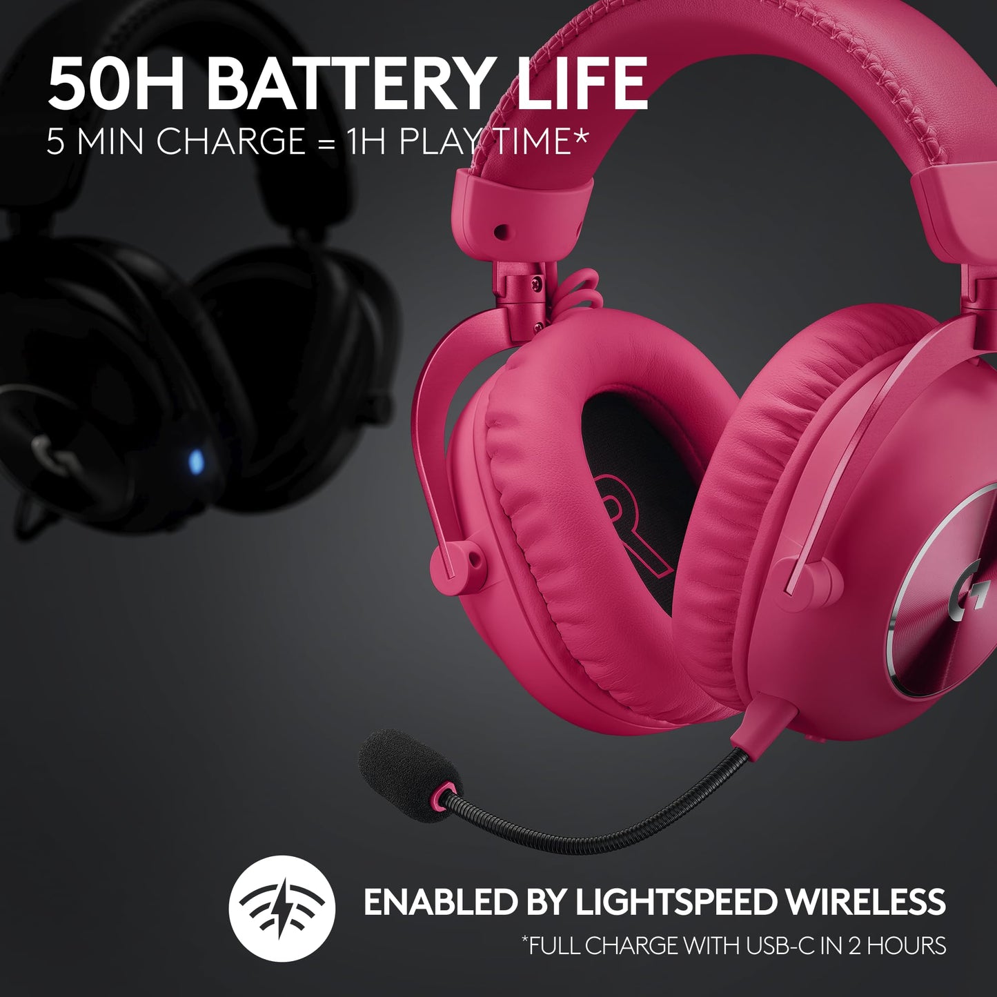 Logitech G PRO X 2 Lightspeed Wireless Gaming Headset, Detachable Boom Mic, 50mm Graphene Drivers, DTS:X Headphone 2.0—7.1 Surround, Bluetooth/USB/3.5mm Aux, for PC, PS5, PS4, Switch - Magenta