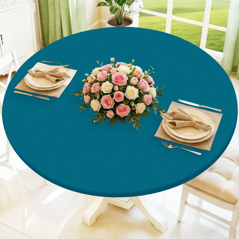 Moosfor Round Spandex Tablecloth, Elastic Fitted Waterproof Tablecloths for 36"-44" Tables, Stretch Washable Picnic Table Cover for Camping, Dining, Indoor and Outdoor,Peacock Blue