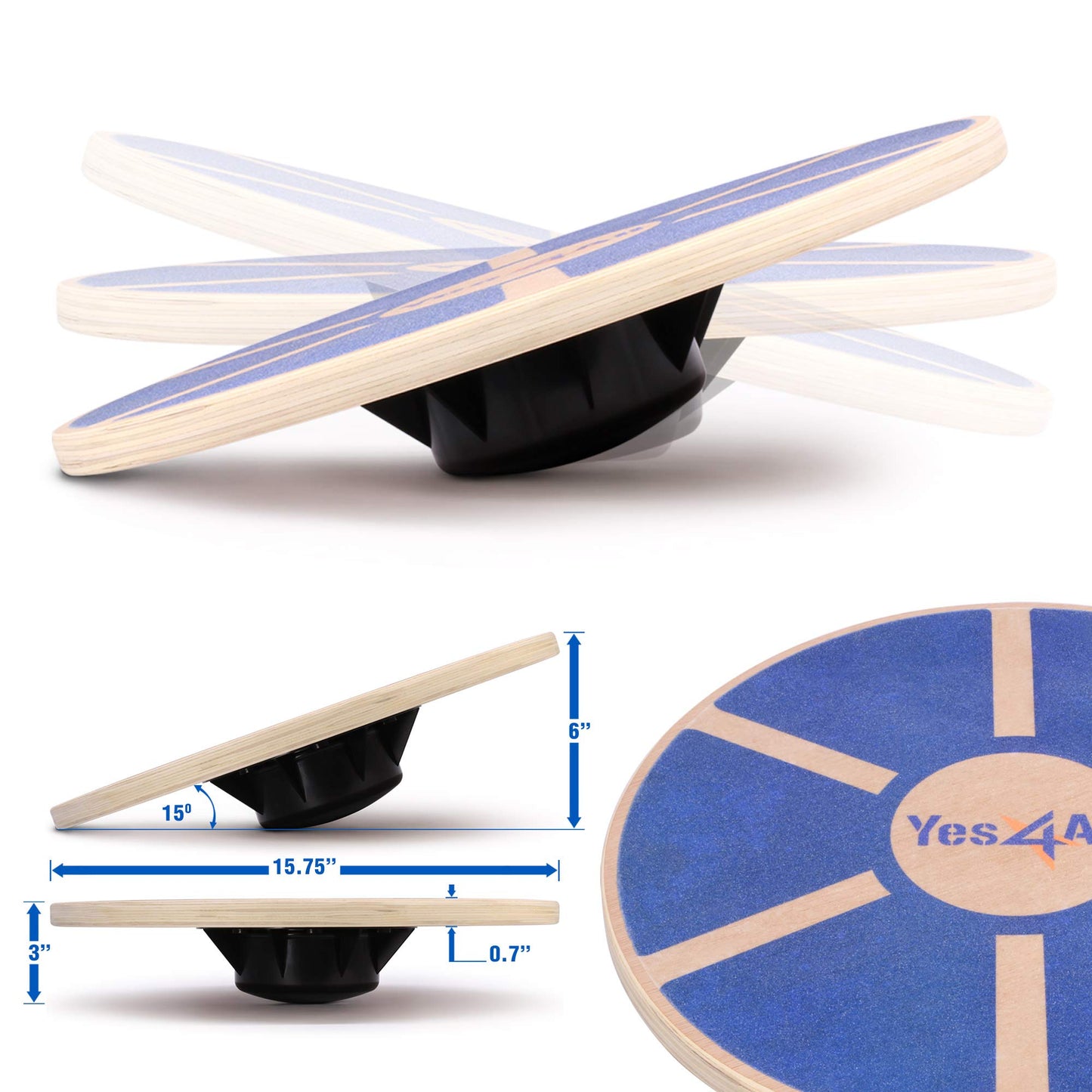 Yes4All Wooden Wobble Balance Board – Exercise Balance Stability Trainer 15.75 inch Diameter - Blue - ²L6CJZ