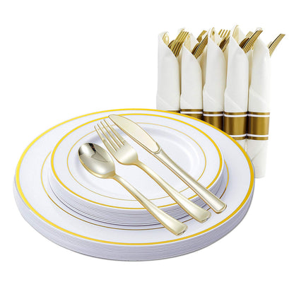Gold Plastic Plates and Disposable Silverware w/Per-Rolled Napkins,Home Parties Heavy Duty Dinnerware incl Dinner Plates,Linen Like Napkin, Cutlery(72 pcs,12 Guests)