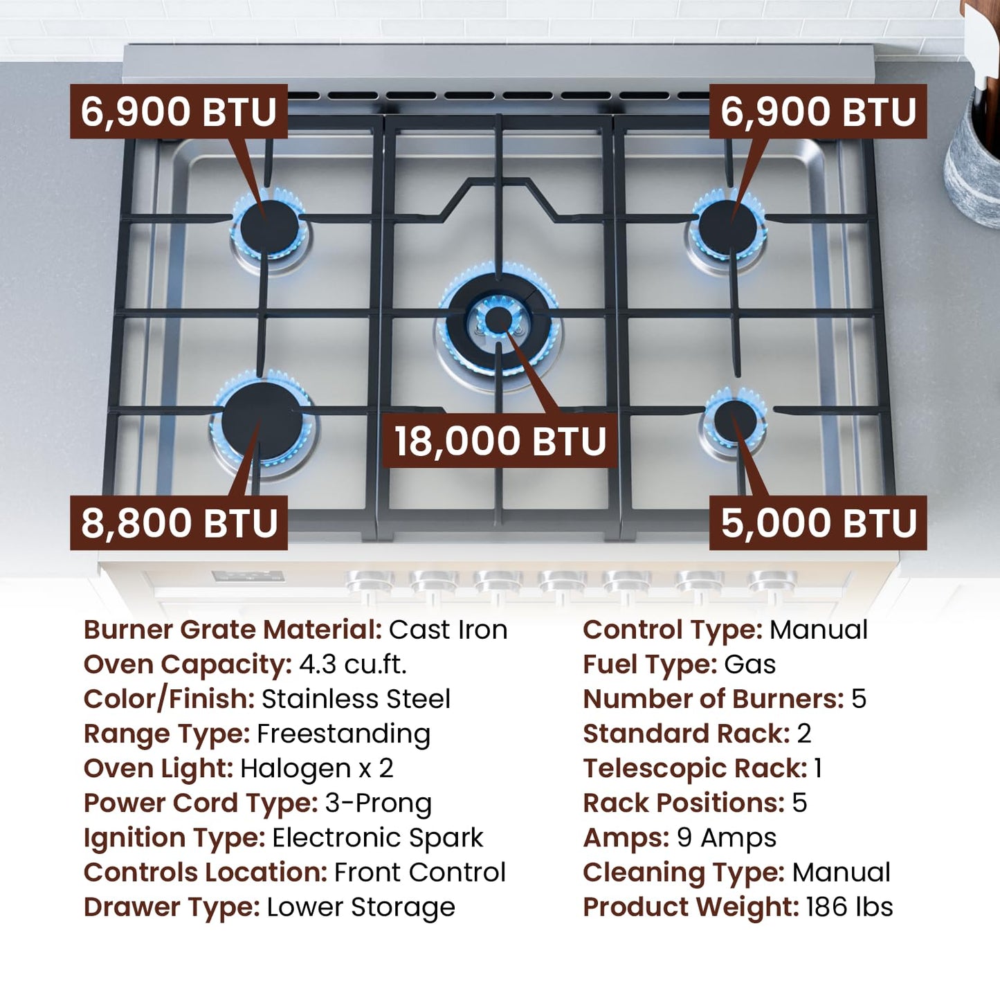 Rangaire RRG361TS 36" Gas Range Oven with Timer - Stainless Steel, Sealed Burners, Convection Fan, Easy Reach Racks