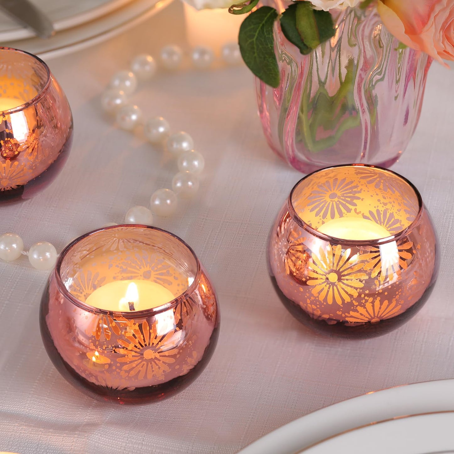 sunnyfuture Pink Mercury Glass Votive Candle Holders Set of 12, Round Tealight Candle Holders for Table Centerpieces, Weddings, Shower Gifts, Valentine's Day, Mother's Day, Party Decorations