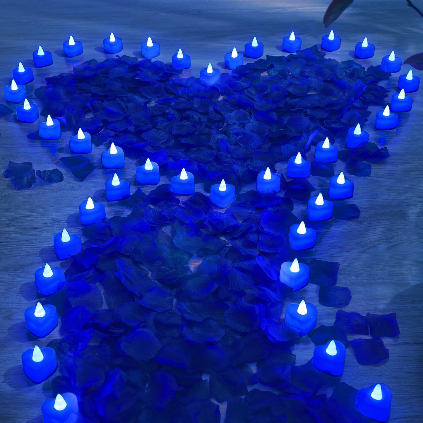 Coume 6000 Pieces Artificial Rose Petal 72 Pieces LED Tealights Candle, Romantic Decorations Special Night Rose Petal Heart Candle for Valentines Wedding Anniversary Proposal Decor(Blue Light)