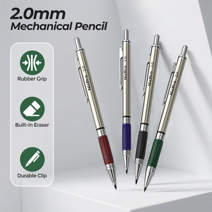 Nicpro 4 PCS Premium 2.0 mm Mechanical Pencils Set, 108 Colored & Black (HB 2B) Lead Refills, Art Metal 2mm Carpenter Pencil with 2 Erasers, 2 Sharpeners for Drafting Sketching Drawing with Case