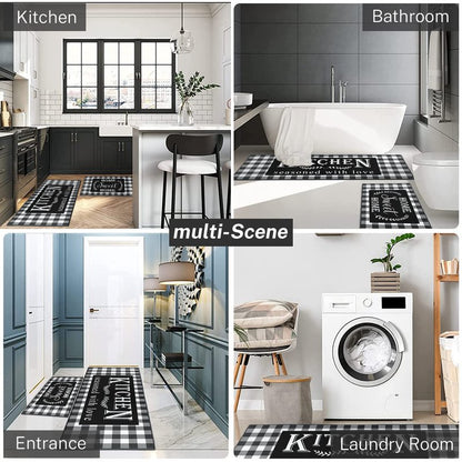 ArtSocket Kitchen Rugs and Mats Non Skid Washable Set of 2, Black White Buffalo Plaid Runner Rug, Farmhouse Quotes Home Kitchen Floor Mat Under Sink Mat Throw Rug for Doormat